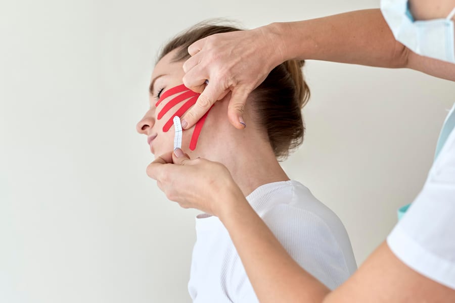 Profesional sanitaria con mascarilla aplica vendaje neuromuscular kinesiotape rojo sobre la mejilla de una paciente joven en sesión de rehabilitación orofacial.