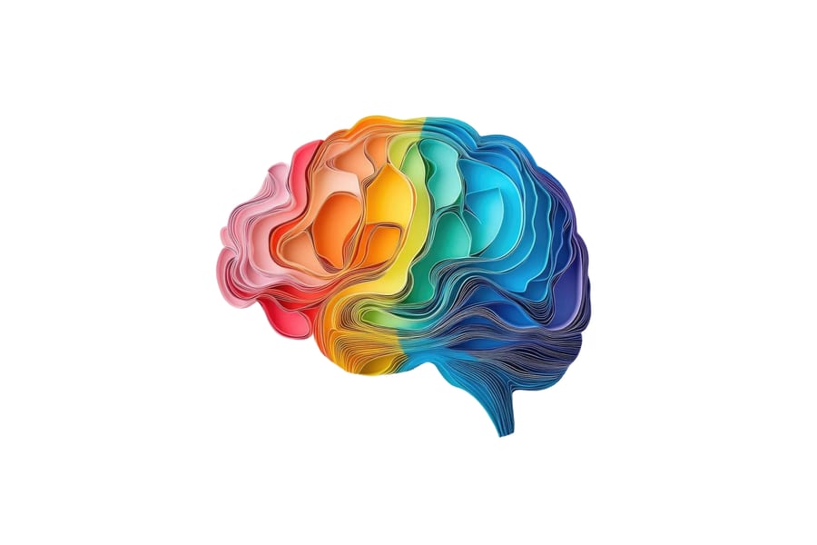 Ilustración artística de un cerebro humano formado por capas de papel multicolor en degradado arcoíris sobre fondo blanco, símbolo de la rehabilitación logopédica en ELA.