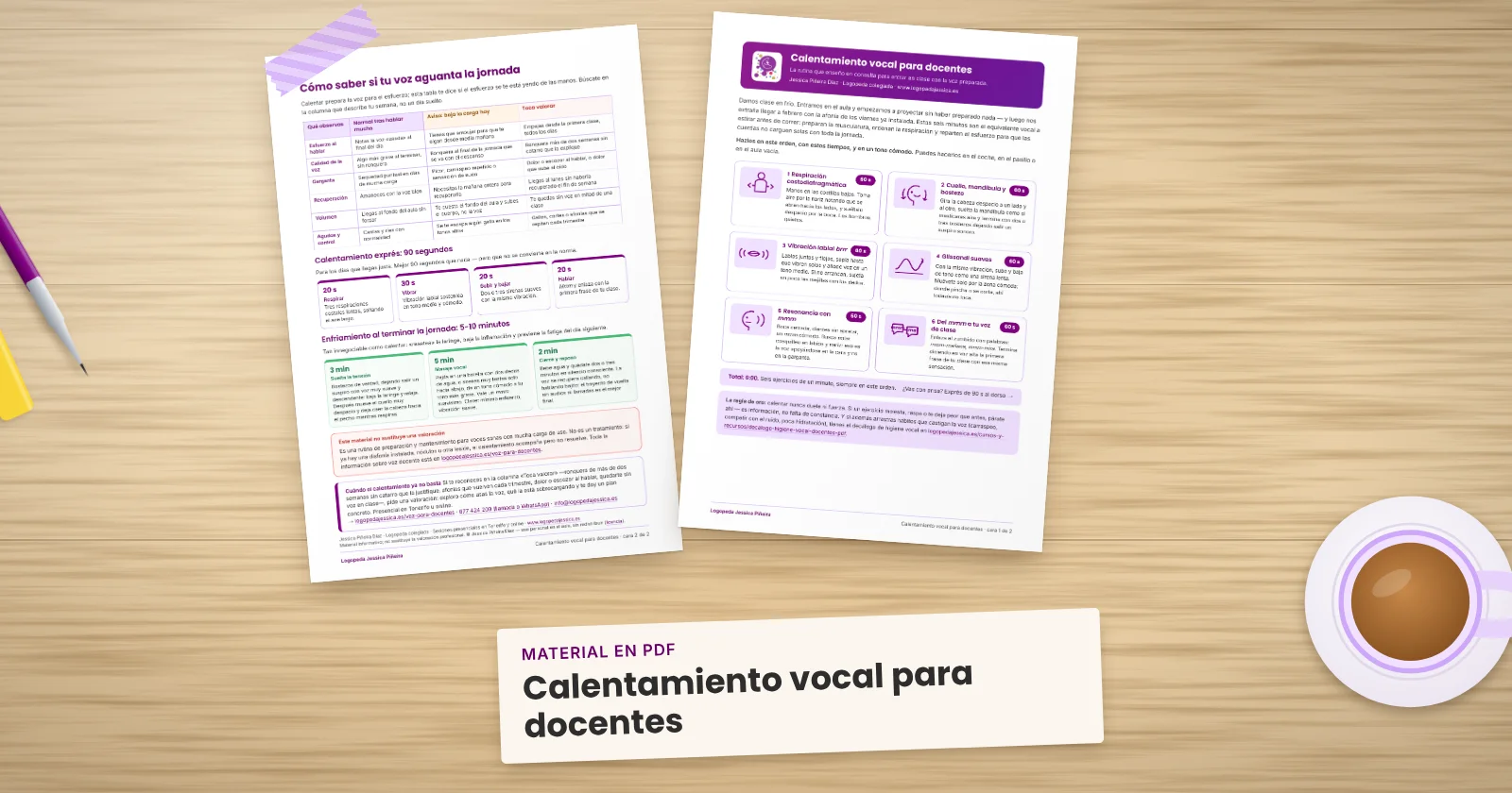 Dos páginas impresas de «Calentamiento vocal para docentes» sujetas con cinta washi sobre una mesa de madera. Alrededor, una etiqueta de papel con el título, un bolígrafo, un fluorescente y una taza de té.