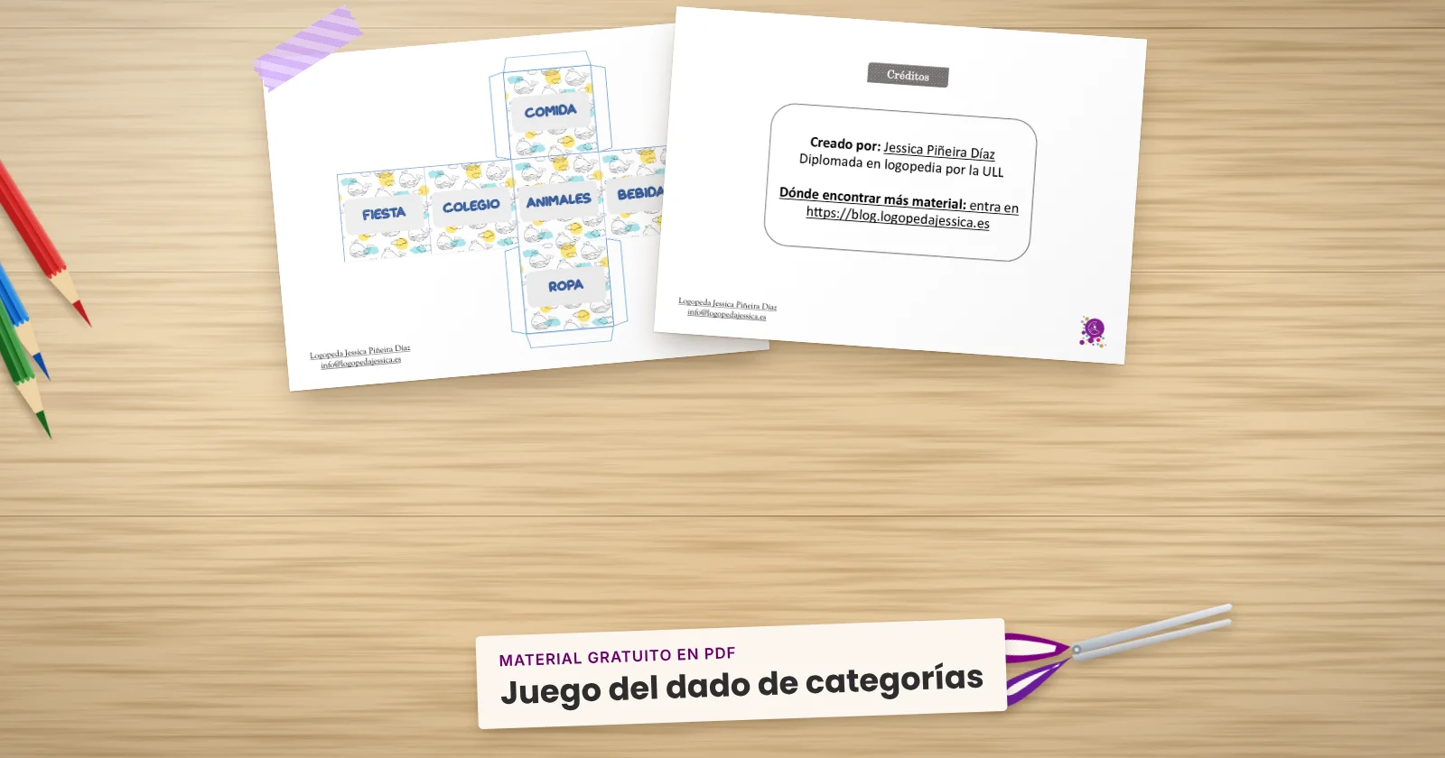 Dos páginas impresas de «Juego del dado de categorías» sujetas con cinta washi sobre una mesa de madera. Alrededor, una etiqueta de papel con el título, lápices de colores y unas tijeras.